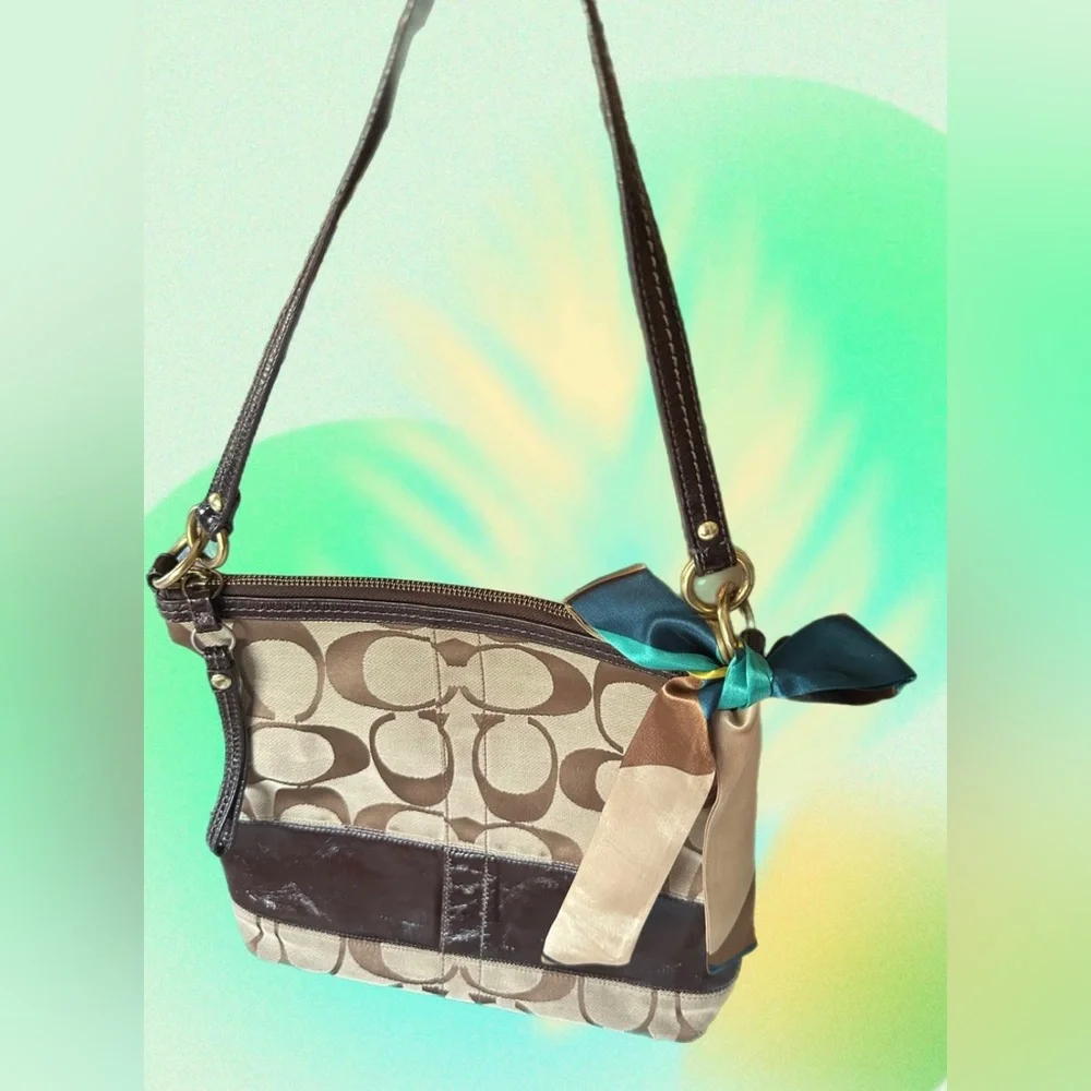 Coach Signature Tan & Brown Jacquard with Brown Leather Stripe Bag- #H0826-12825